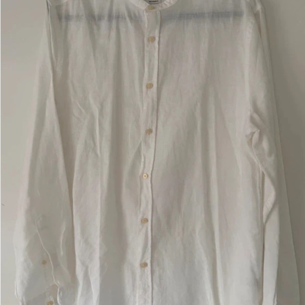 Zara Men's White Collarless Button-Down Shirt